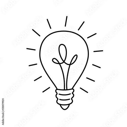 Light Bulb in Doodle Stile, With Rays Shine. Vector Icon. Flat Cartoon Illustration, Clipart. Symbol of Ideas, Creativity, Innovation, Inspiration and Invention. photo