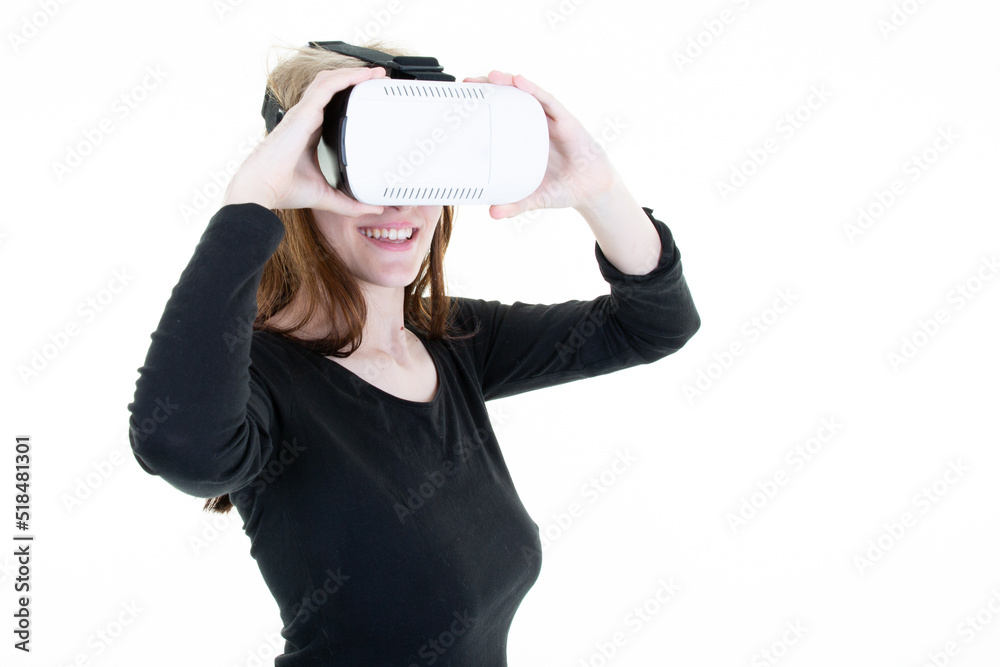 woman with modern vr virtual reality glasses on white background woman with modern vr virtual reality glasses on white background