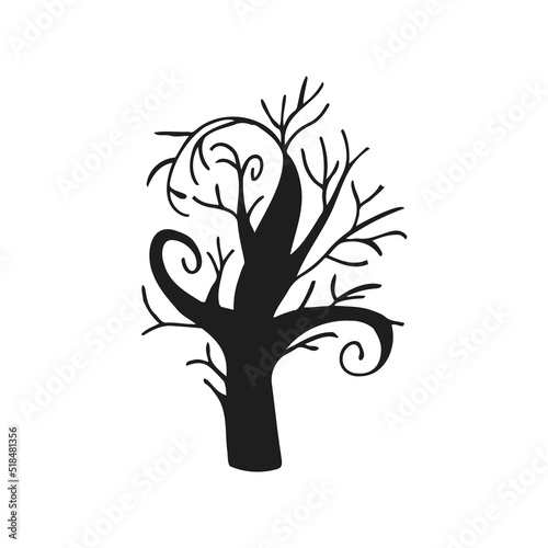 Halloween 2022 - October 31. A traditional holiday, the eve of All Saints Day, All Hallows Eve. Trick or treat. Vector illustration in hand-drawn doodle style. A scary creepy tree.
