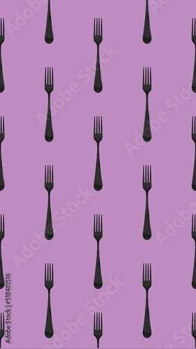 Seamless pattern. Fork top view on pastel fiolet purpur background. Template for applying to surface. Vertical image. Flat lay. 3D image. 3D rendering.