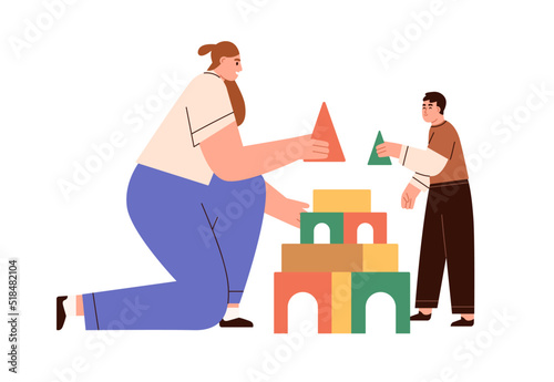 Mother playing with child. Mom parent and son kid building toy castle from blocks together. Babysitter, nanny and boy at leisure time. Flat vector illustration isolated on white background