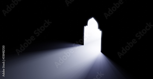 Mosque or masjid door portal with light going through it. Concept of islamic celebration muharram, ramadan kareem, and eid al fitr adha. 3D rendering