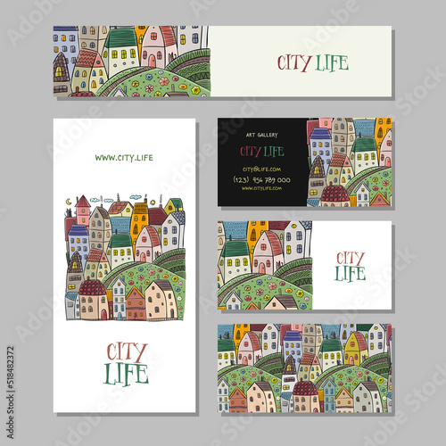 Vintage old city, cute houses. Concept art for your business. Creative ideas for cards, banner, web, promotional materials. Corporate identity template. Vector illustration