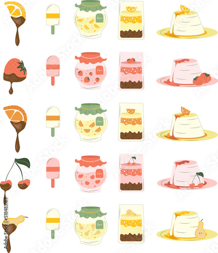 Fruit desserts with mousse and fruit, berries and chocolate. Puddings, ice cream and fruits in chocolate. Menu for restaurant or cafe, shop assortment. Vector in flat style