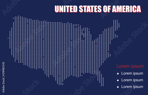 Useful infographic template.  Pixel dotted map of United States of America in USA flag color theme. Communication network concept 5G, IoT (Internet of Things) Telecommunication. Vector illustration. 