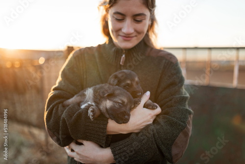 Young woman with puppy dogs on a farm photo