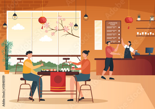 People Eating Japanese Food in the Restaurant with Various Delicious Dishes in Flat Style Cartoon Illustration