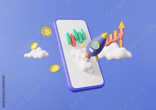 Cartoon minimal cryptocurrency trading to the moon or bitcoin buy, sell, with mobile phone financial business investing. fund growth statistics trader concept. stock exchange. 3d render illustration