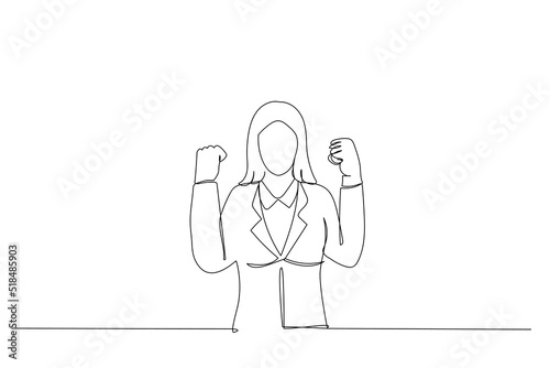 Illustration of enthusiastic asian woman rejoicing, say yes and celebrating victory, champion dance, fist pump gesture. One line style art