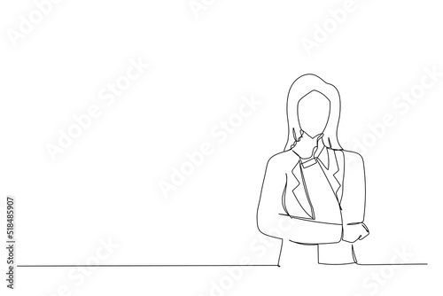Drawing of pleased asian business woman crossed arms. Single continuous line art