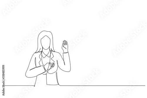 Cartoon of young woman wearing business style swearing with hand on chest and open palm, making a loyalty promise oath. Single continuous line art style photo