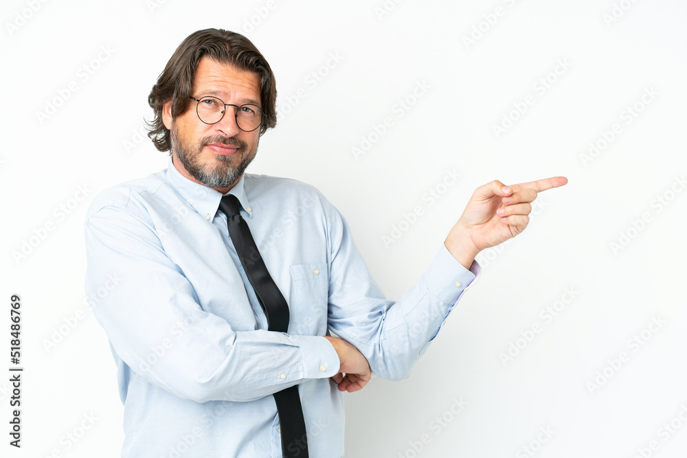 Senior dutch business man isolated on white background pointing finger to the side Senior dutch business man isolated on white background pointing finger to the side