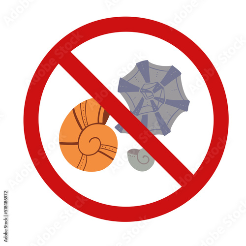 Seashells in the prohibition sign. Vector forbidden sign with shellfish for stickers. Allergy danger.