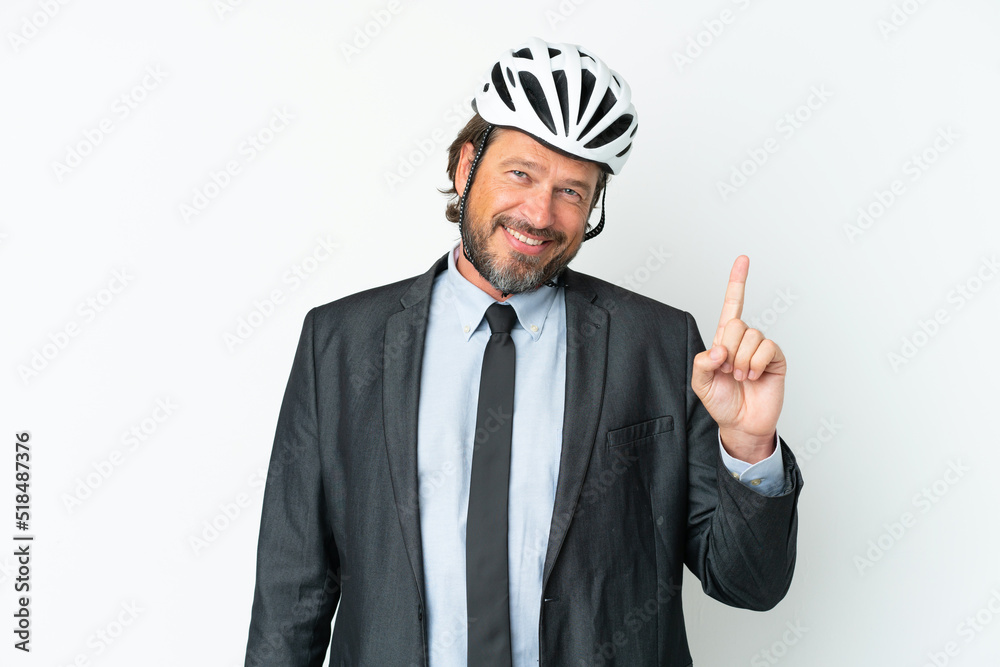Business senior man with a bike helmet isolated on white background showing and lifting a finger in sign of the best Business senior man with a bike helmet isolated on white background showing and lifting a finger in sign of the best