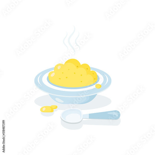Illustration of a breakfast. A plate of porridge and a spoon. Vector illustration