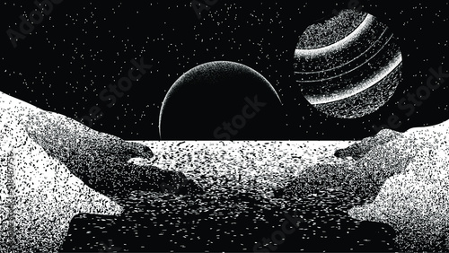 Stars and exoplanet in outer space. Futuristic landscape, with noise texture . Night landscape with starry sky .Vector illustration