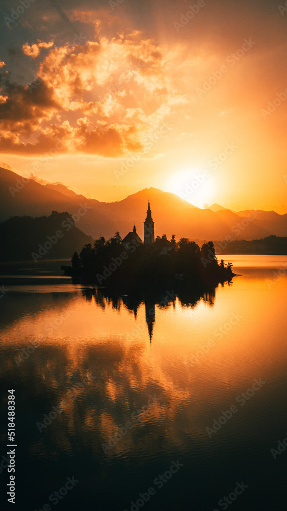sunset on the lake in Bled Slovenia in Summer