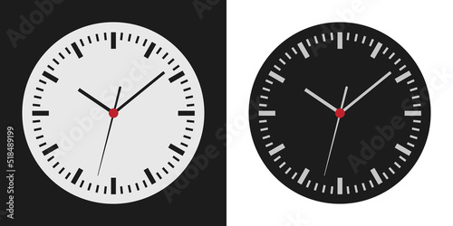 Flat design collection of light and dark clock face illustrations. Circular background with minute, hour and second hand, vector