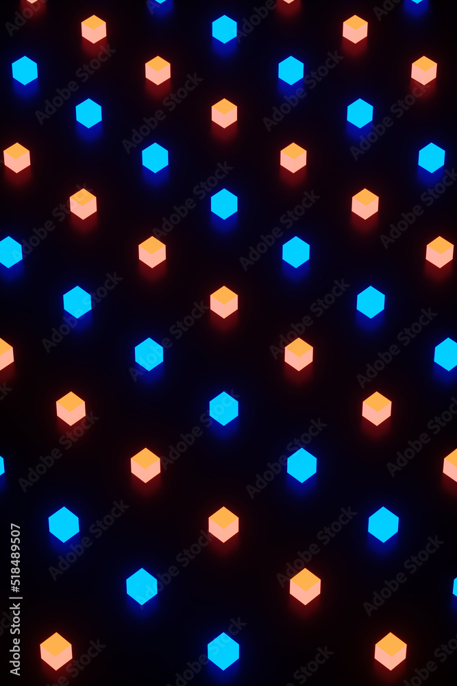 Pop art neon cubes on a black background. 3d rendering illustration.
