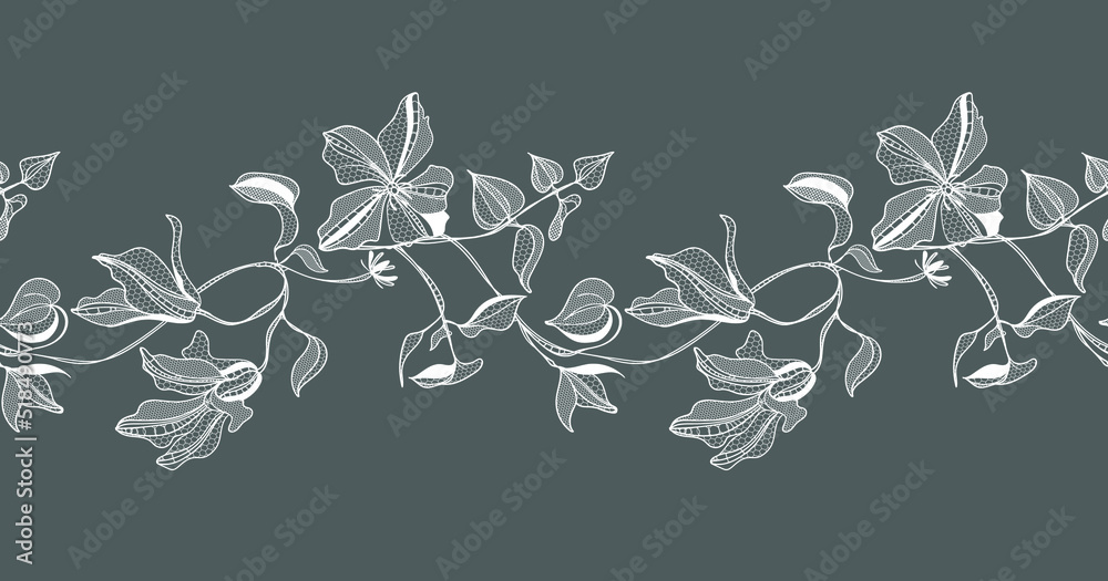 lace border, clematis flowers, vector illustration