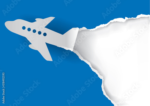 Airplane ripping paper, advertisement background.
Paper silhouette of airplane tearing blue paper. Original Banner template. Place for your text or image. Vector available.