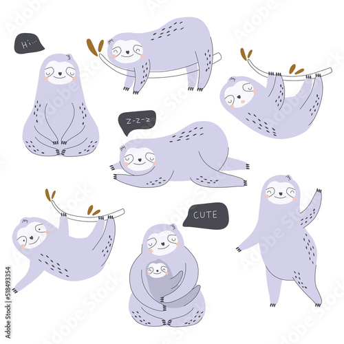 A set with a cute animal sloth on a white background. Vector illustration for printing on fabric, wrapping paper, clothing. Cute baby background.