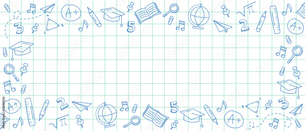 Welcome Back to school horizontal banner, doodle on checkered paper background, vector illustration. Drawing with a blue pen on a notebook sheet in a box. Vector illustration in linear style