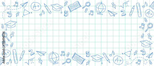 Welcome Back to school horizontal banner, doodle on checkered paper background, vector illustration. Drawing with a blue pen on a notebook sheet in a box. Vector illustration in linear style