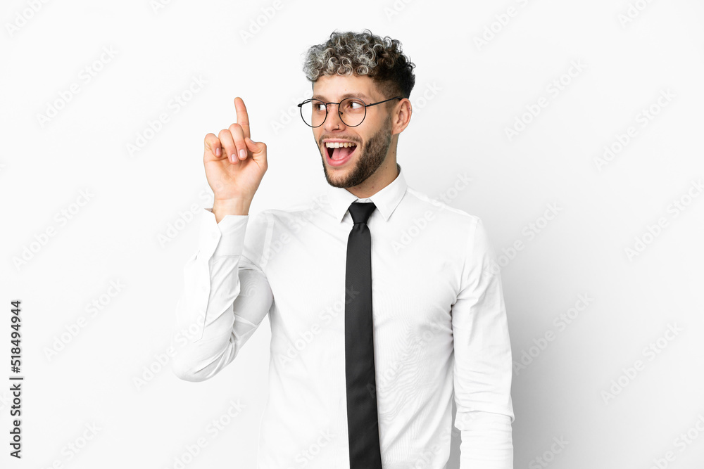Business caucasian man isolated on white background intending to realizes the solution while lifting a finger up Business caucasian man isolated on white background intending to realizes the solution while lifting a finger up