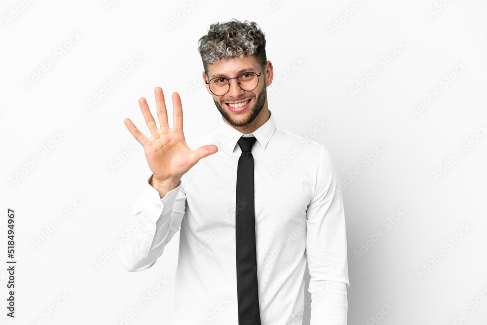 Business caucasian man isolated on white background counting five with fingers Business caucasian man isolated on white background counting five with fingers