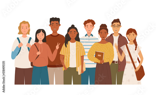 Group of students stand together flat vector illustration. Young girls and boys holding books and backpacks. Isolated characters on white background. Happy teenager in casual clothes. Youth lifestyle