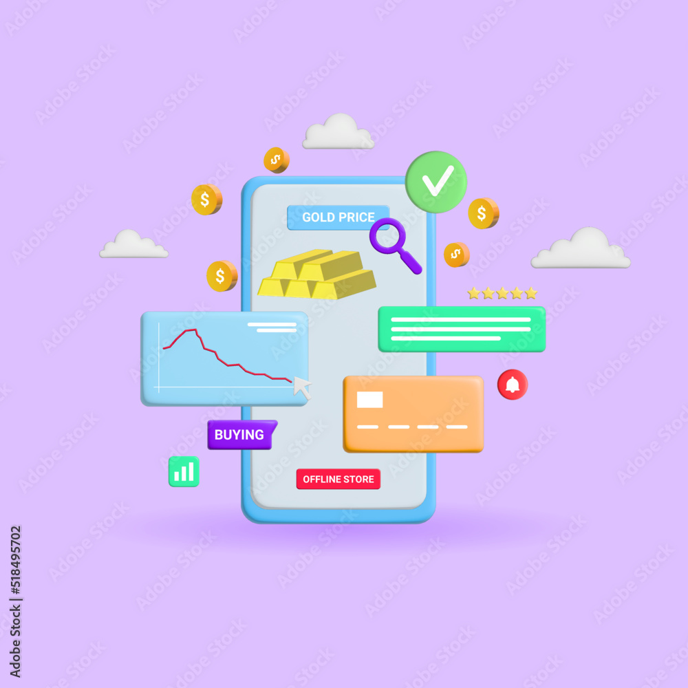 Financial investment. Investment gold for inflation money saving. Right time to buy gold as prices drop. 3d Vector Illustration Financial investment. Investment gold for inflation money saving. Right time to buy gold as prices drop. 3d Vector Illustration