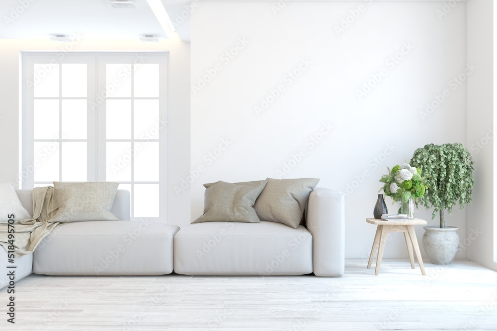 Fototapeta premium White living room with sofa. Scandinavian interior design. 3D illustration