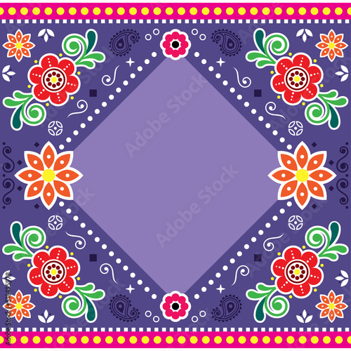 Indian and Pakistani truck art vector template design with empty space for text, Diwali pattern in purple 
