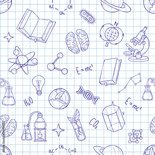 Vector sience semless pattern with school and academy supples. Repeat ornament with textured background. Doodle design by blue ball pen on notepad. Back to school pattern. Medicine and lab elements.