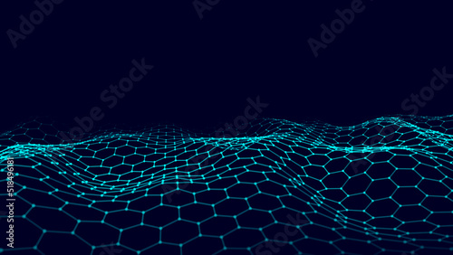 Abstract futuristic hexagon wave with moving dots. Flow of particles. Technology illustration. Vector illustration. © estar 2020