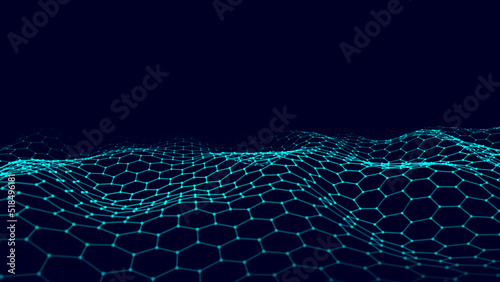 Abstract futuristic hexagon wave with moving dots. Flow of particles. Technology illustration. Vector illustration.