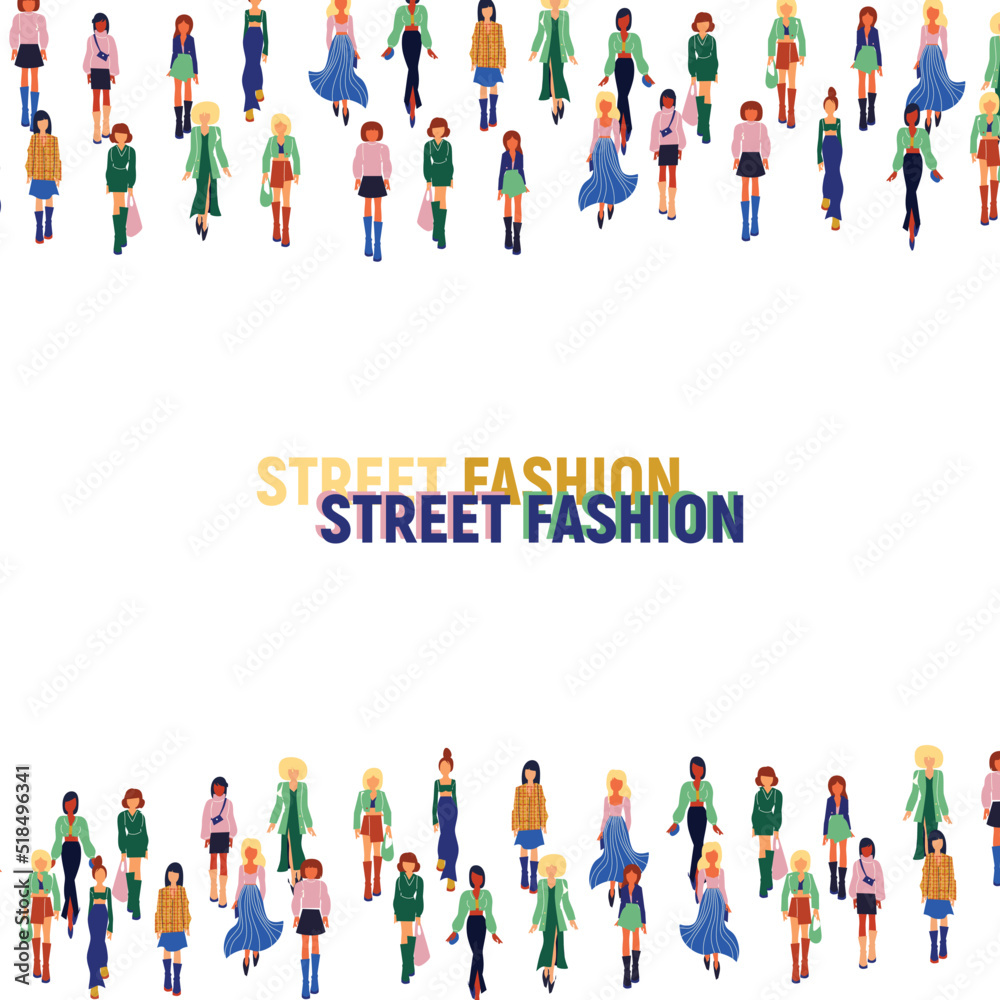 Women in trendy clothes. Fashion flat style vector border.