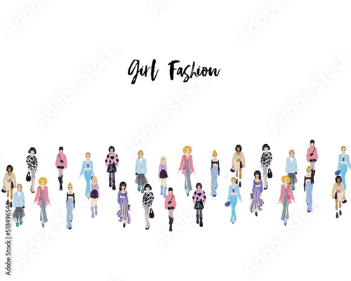 Stylish young women dressed in trendy clothes. Crowd of girls.