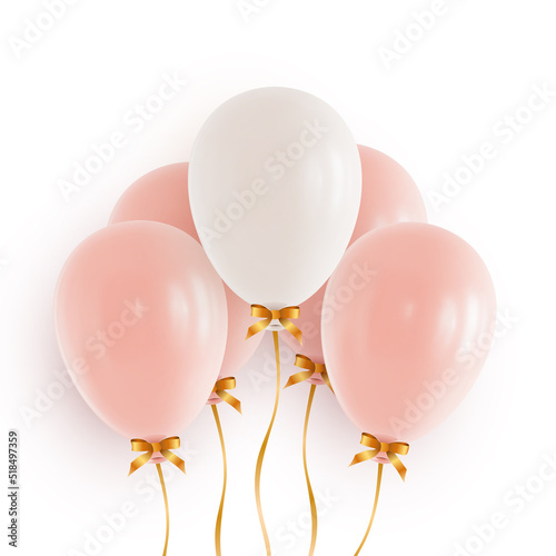 Group of pink and white helium balloons with golden ribbons and tied bows on white background. Design element for greeting card or banner for anniversary, birthday or celebration. Realistic 3d vector