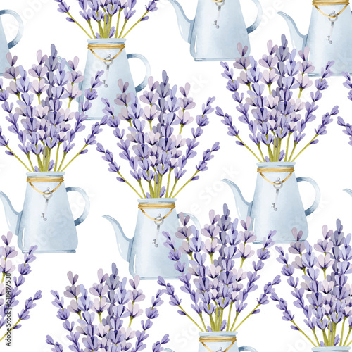 Lavender bouquet in jug with key watercolor seamless pattern	