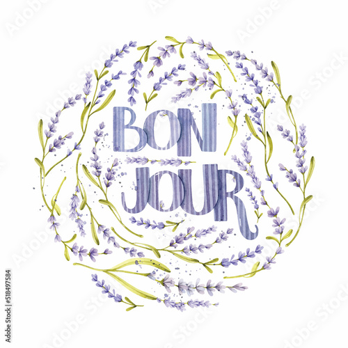 Lavender round illustration with bon jour lettering and lavender watercolor clipart	