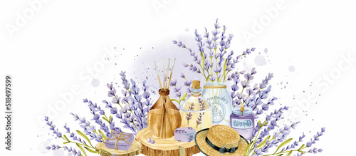 Watercolor floral banner with spa elements and lavender bouquets