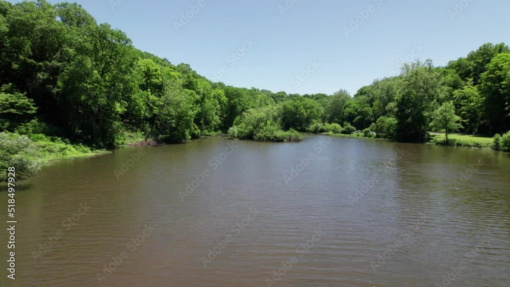 Aerial view of green forest on the border of dark water river in sunny day Aerial view of green forest on the border of dark water river in sunny day