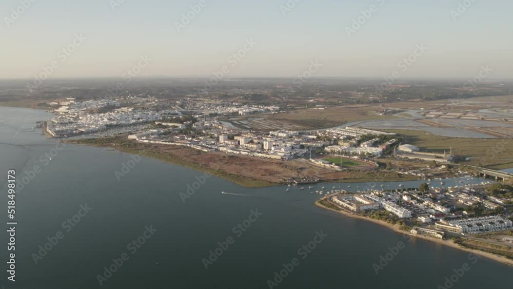 Aerial view of Coastal Ayamonte town by beautiful Guadiana River, Panoramic Aerial view Aerial view of Coastal Ayamonte town by beautiful Guadiana River, Panoramic Aerial view