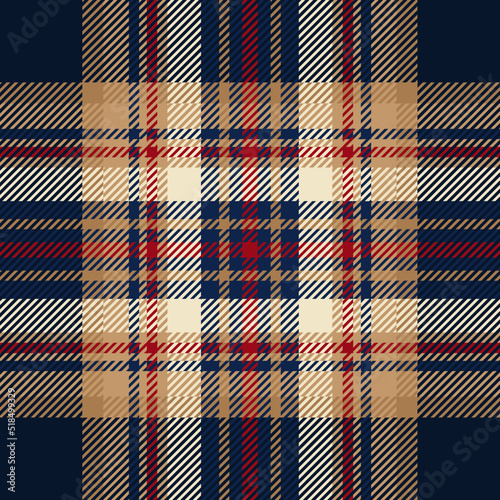 Blue, red and brown tartan plaid. Scottish pattern fabric swatch close-up.