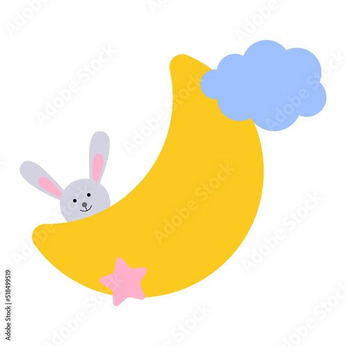 A cartoon hare is sitting on a yellow moon. Good night, lullaby theme. Vector isolated on a white background.
