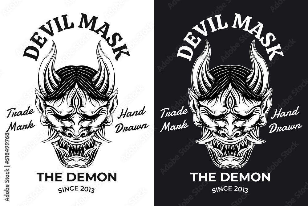 Set Skull Dark Art Japanese Mask Devil Demon Hand Drawn Engraving Style
