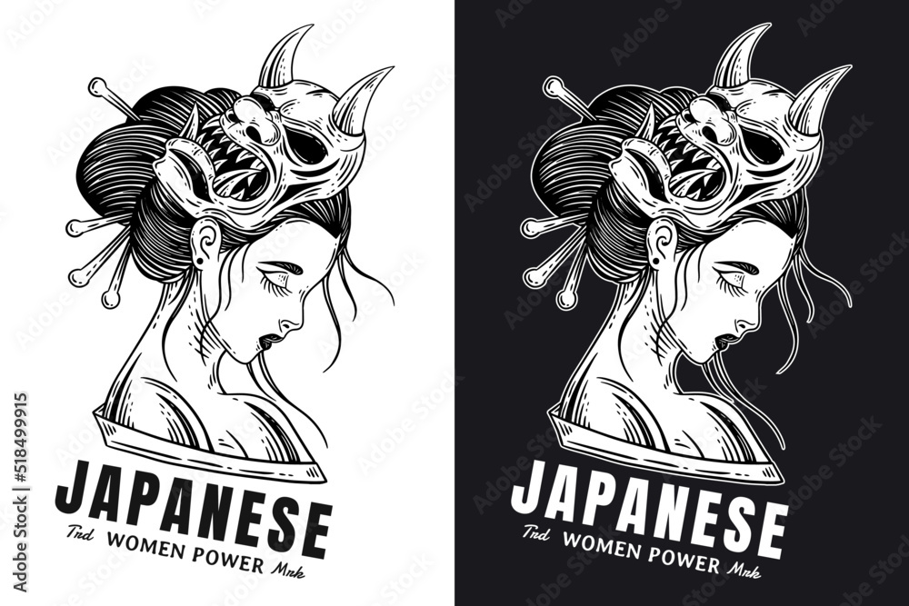 Set Dark Art Women Japanese Geisha Girl Skull Mask Vintage tattoo hand