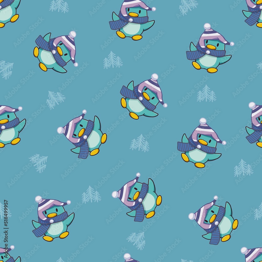 Cute Penguin Character with Winter Fashion Vector Seamless Pattern